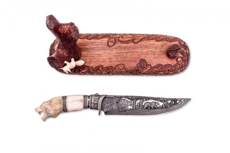 Авторский нож «Медведь кость» (слоновая кость, дамаск)
