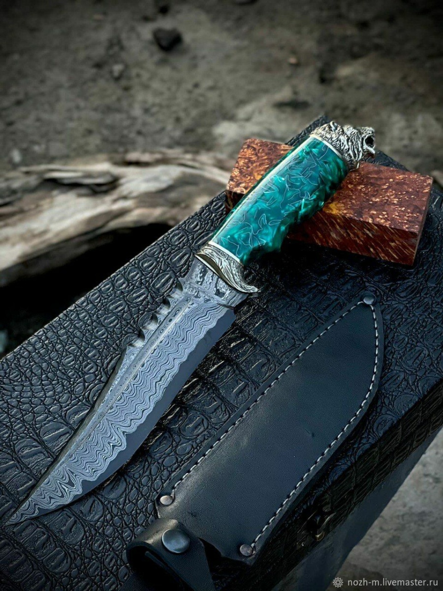 Авторский нож «Лев» (серебристый, никелированная дамасская сталь)