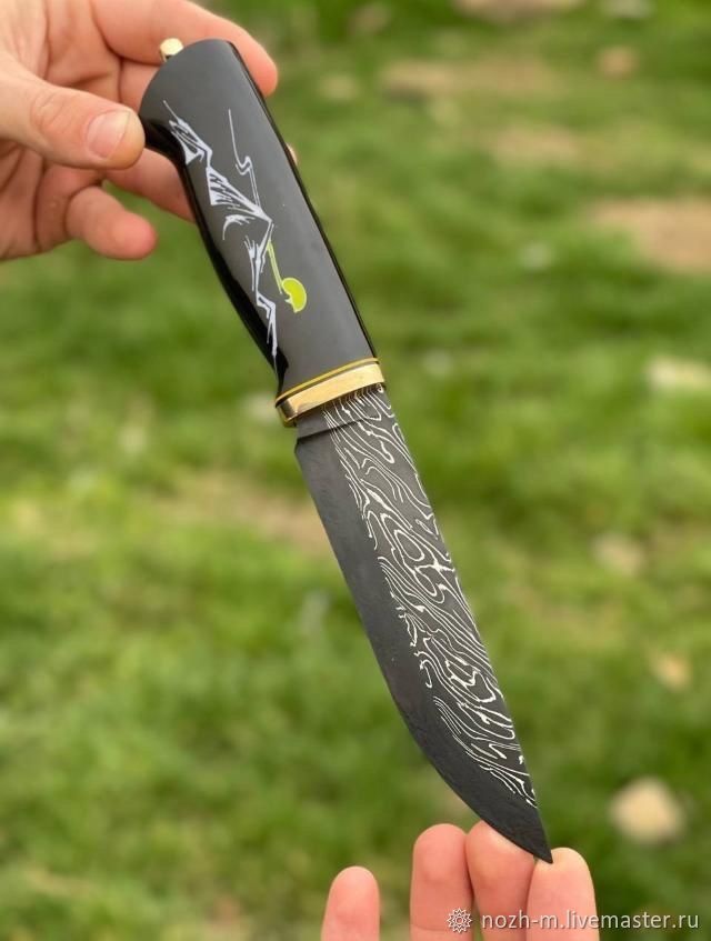 Авторский нож «Кавказ» (черный, никелированная дамасская сталь)