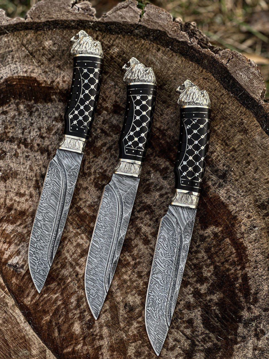 Авторский нож «Каменный лев» (черный, дамасская сталь, обработка каменный век)