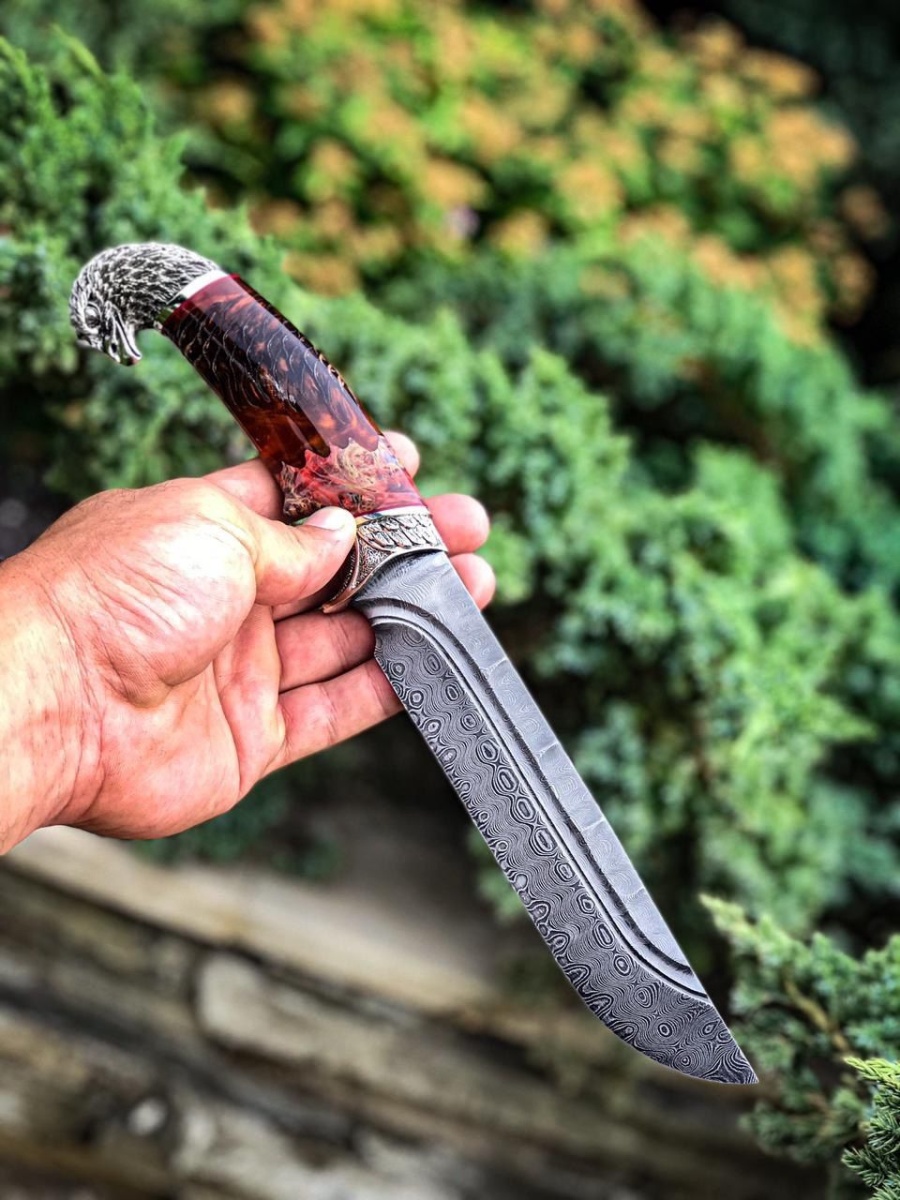 Авторский нож «Каменный орел» (серебристый, дамаск крученный)