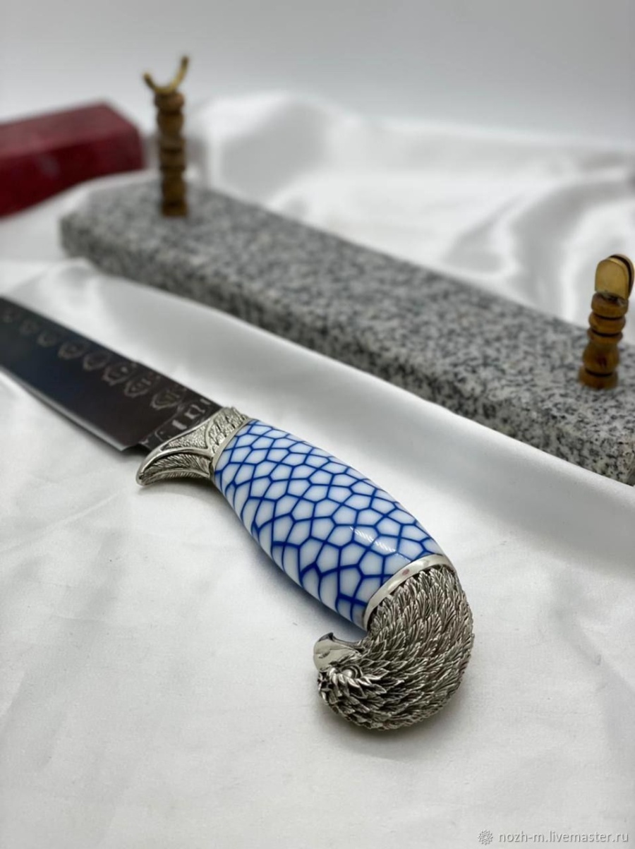 Авторский нож «Орел» (серый, никелированная дамасская сталь с оксидированием)