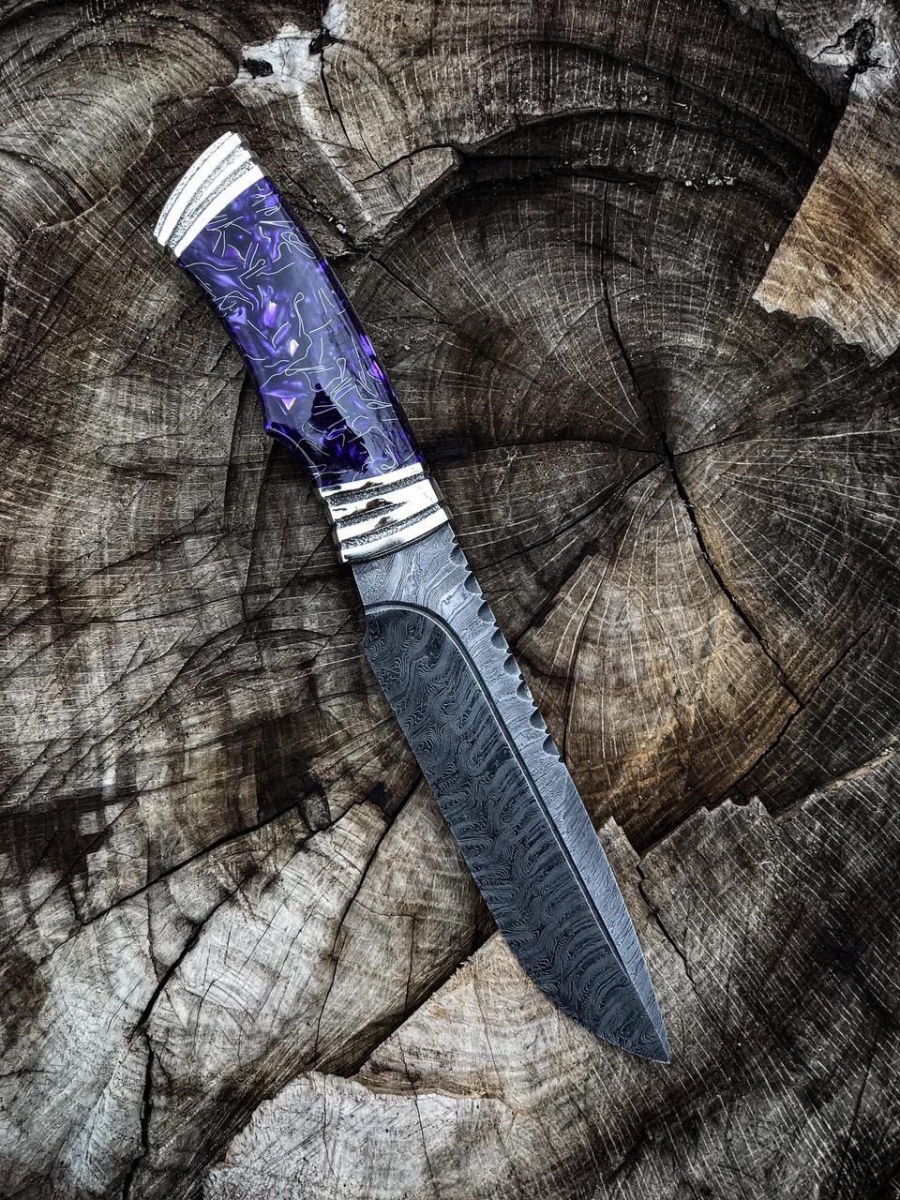 Авторский нож «Аметист» (серебристый, дамасская сталь)