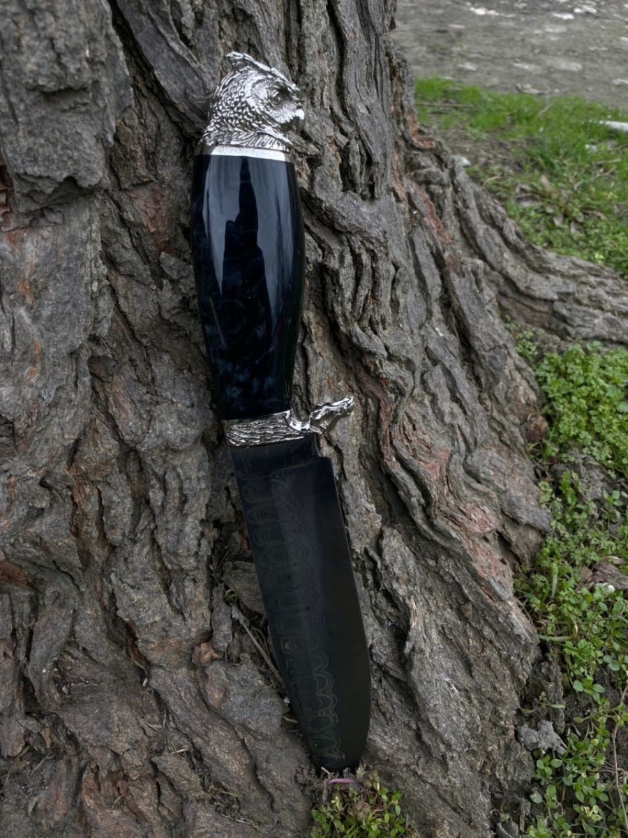 Авторский нож «Сова» (серый, никелированная дамасская сталь)