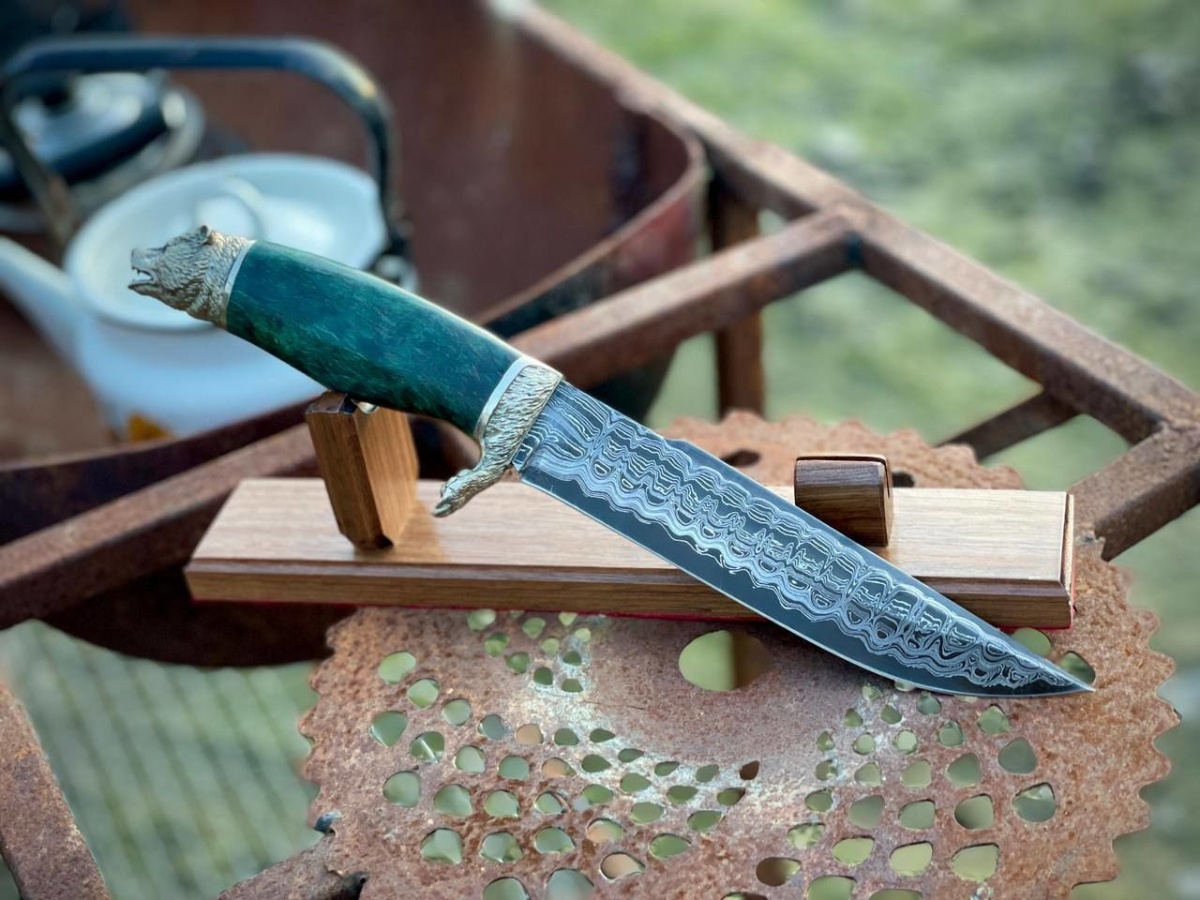 Авторский нож «Медведь» (серебристый, никелированная дамасская сталь)