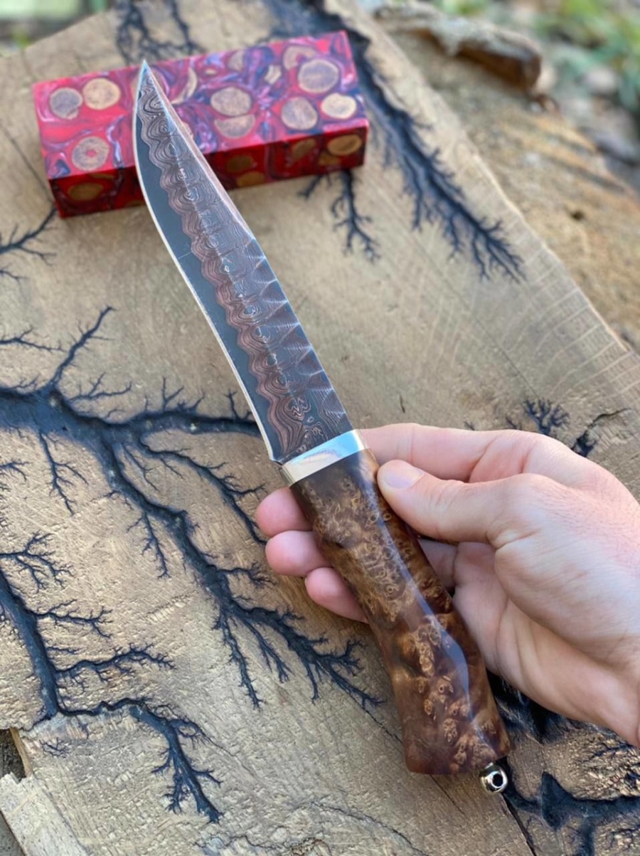 Авторский нож «Клён» (серебристый, никелированная дамасская сталь)